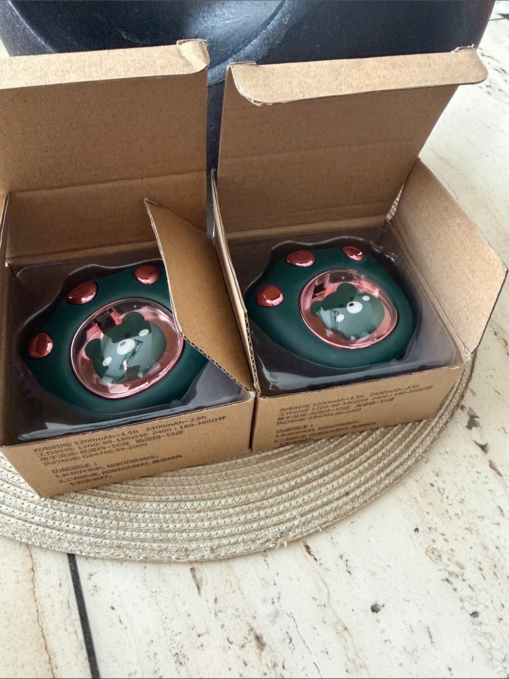 Bear Hand Warmers - Dark Green with Rose Gold Buttons (Pair) with Charger